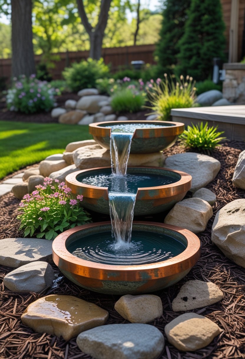 A backyard water feature with aged copper and stone basins surrounded by plants and natural landscaping.