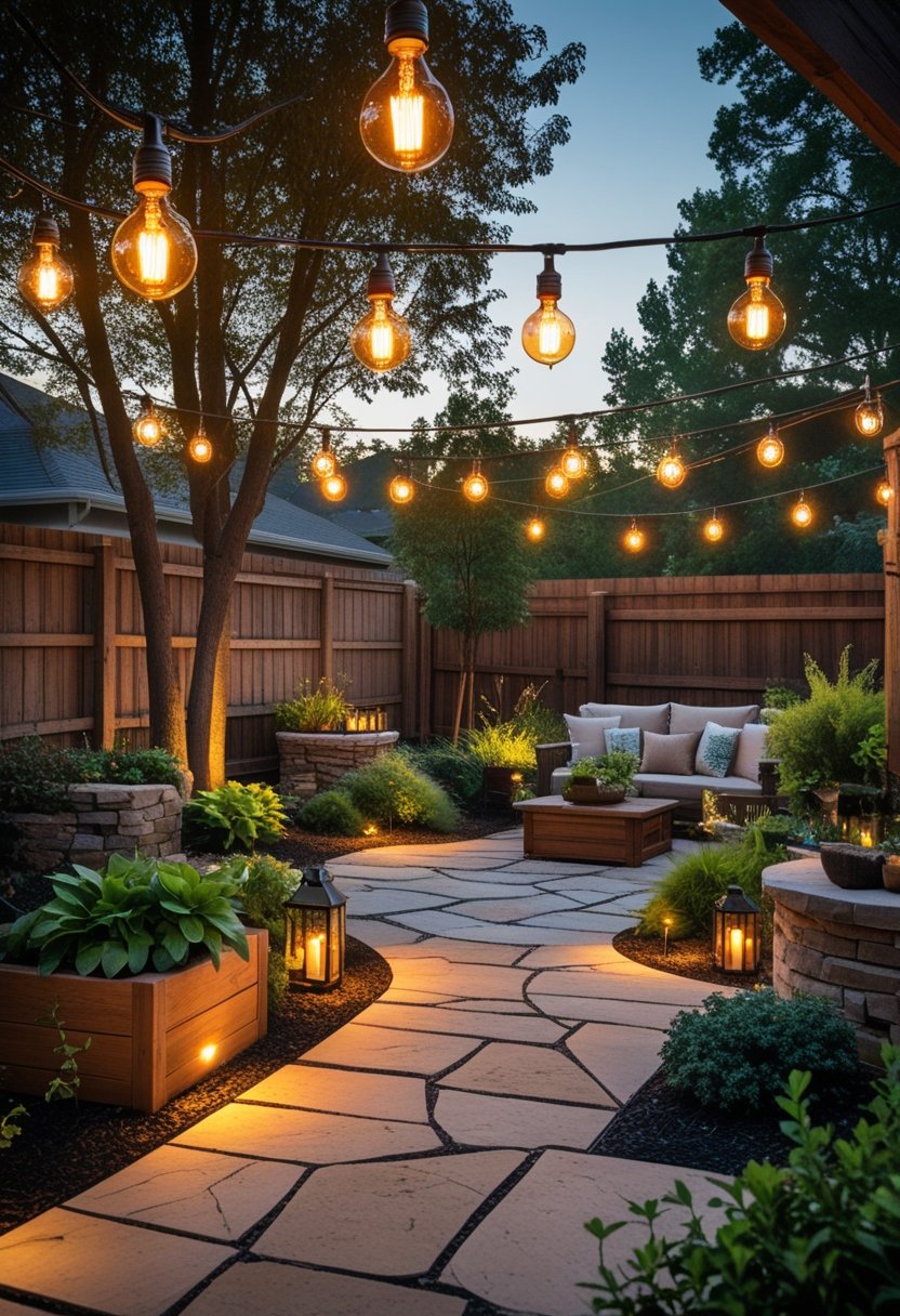 Backyard with hanging lanterns emitting warm light, surrounded by plants, wooden planters, stone paths, and seating areas.