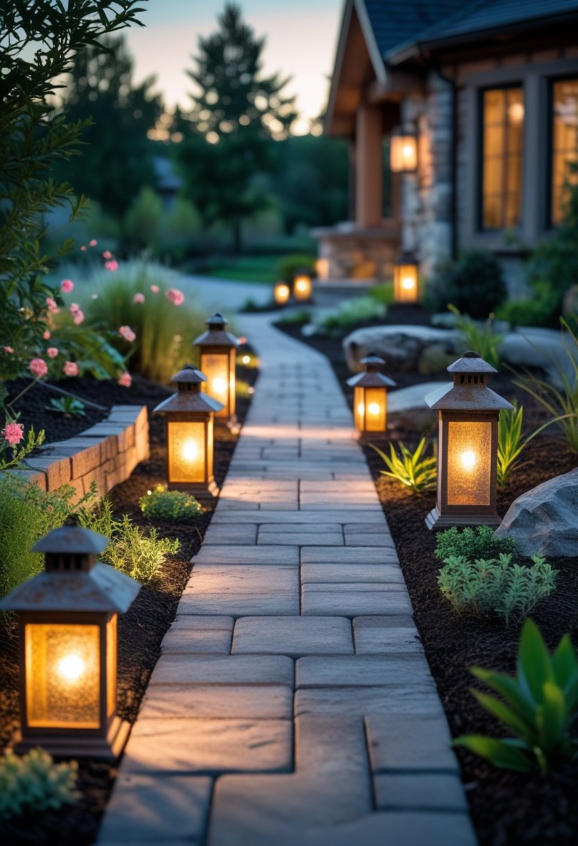 A front yard walkway lit by rustic lanterns surrounded by plants and greenery.