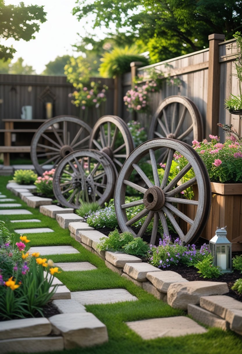 Backyard garden with weathered wooden wagon wheels used as decorative elements among flowers and plants.