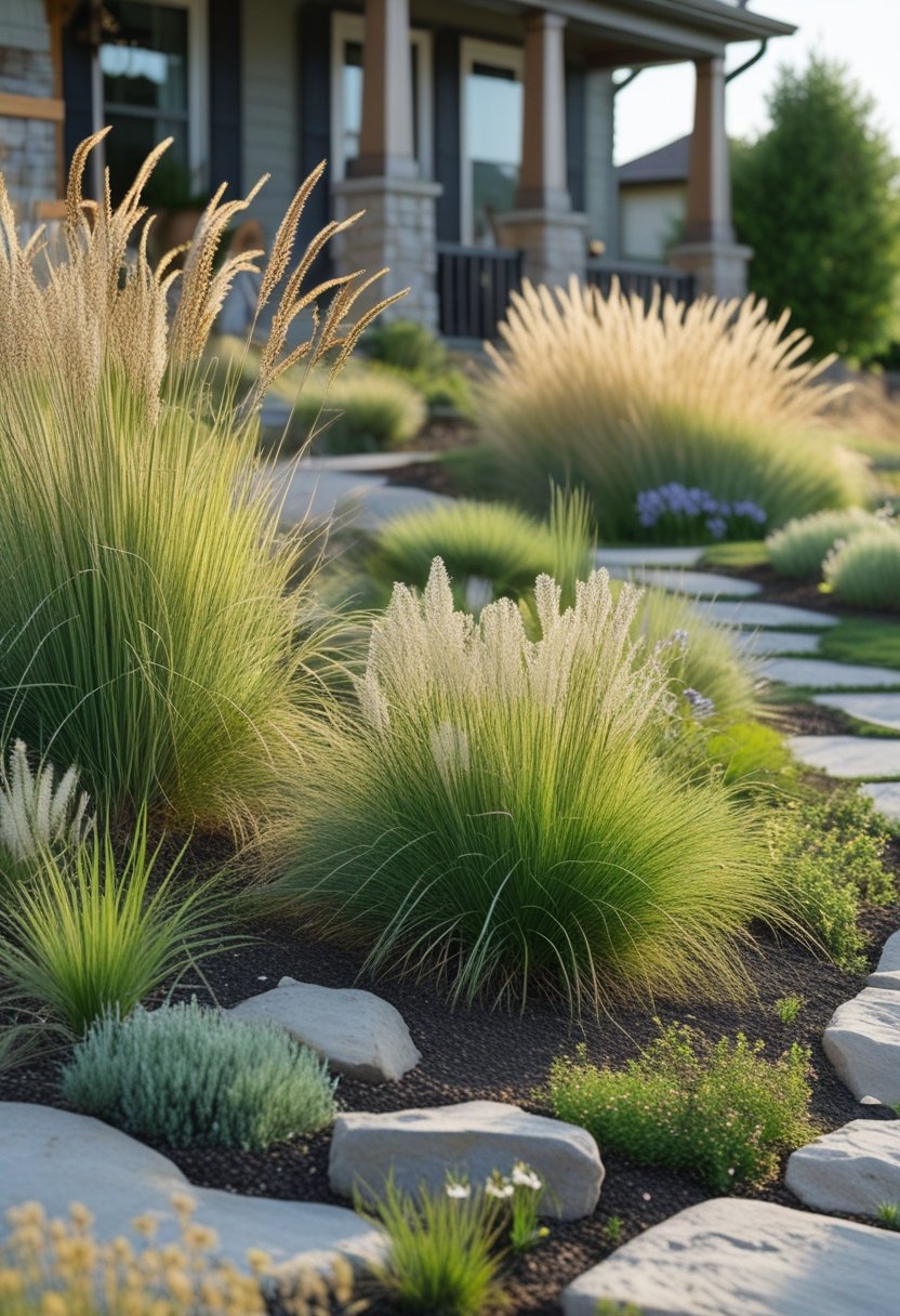 Front yard with clusters of mixed-height prairie grasses and natural stone pathways in front of a house.