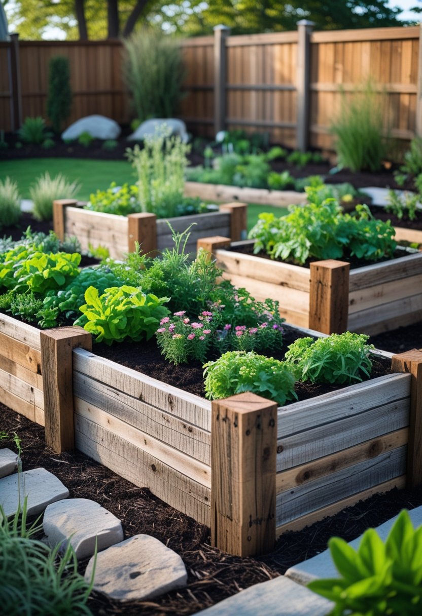 Backyard with raised garden beds made from reclaimed barn wood filled with green plants and flowers, surrounded by a lawn and trees.