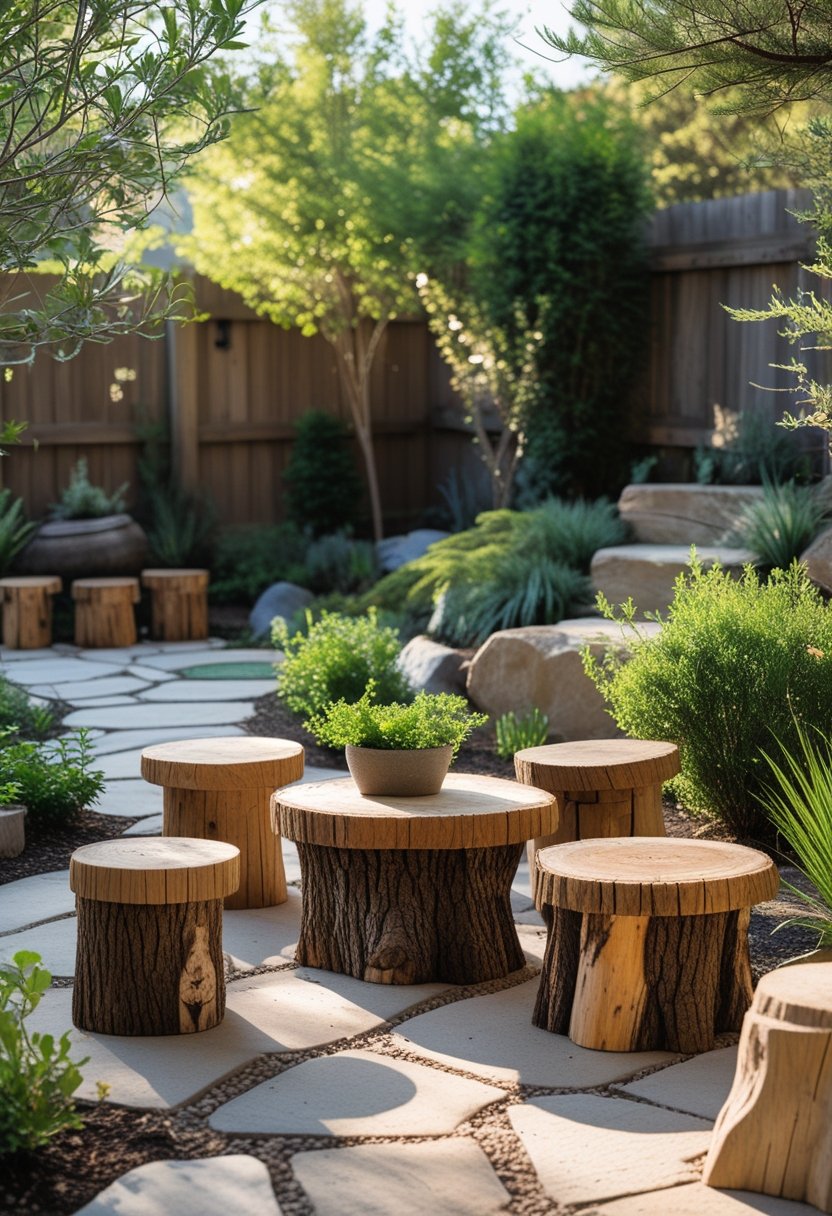 Outdoor seating area with log stools and tree stump tables surrounded by greenery in a backyard.