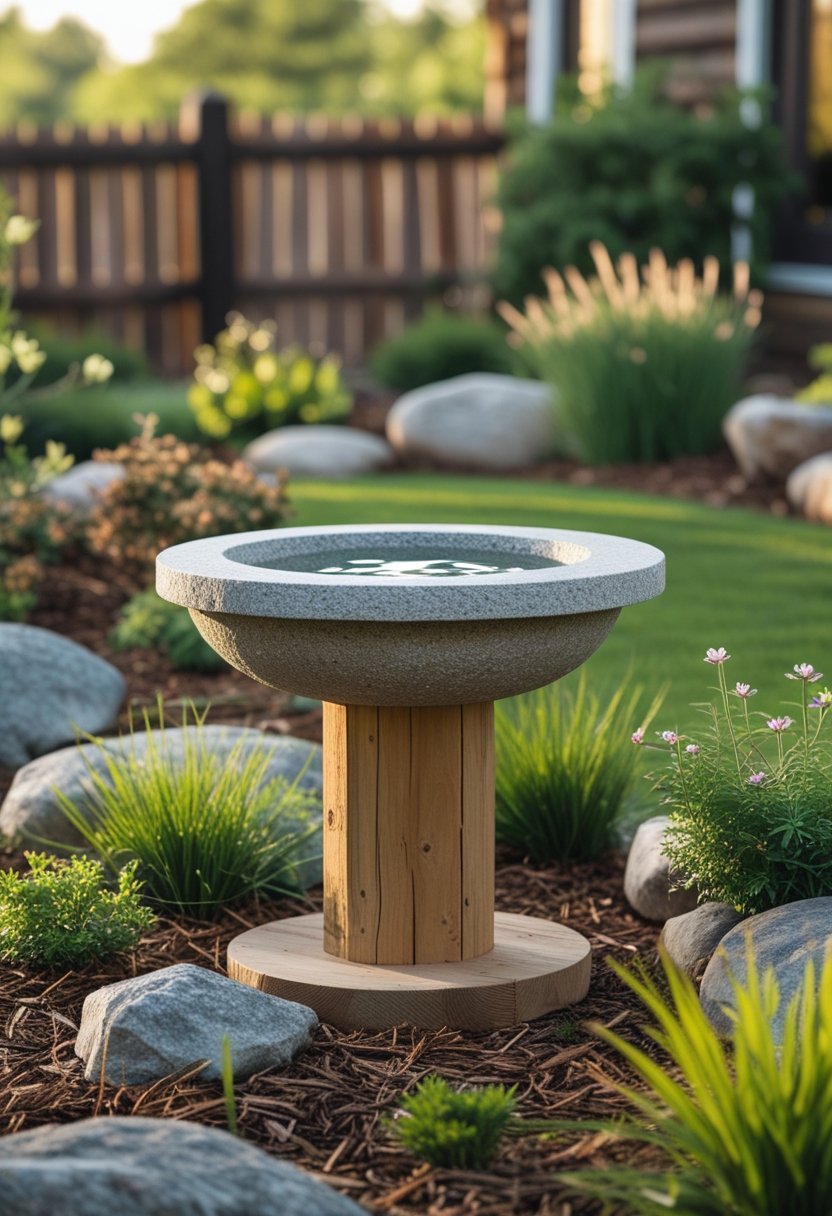 A natural wood and stone birdbath in a front yard surrounded by grass, plants, and rocks.