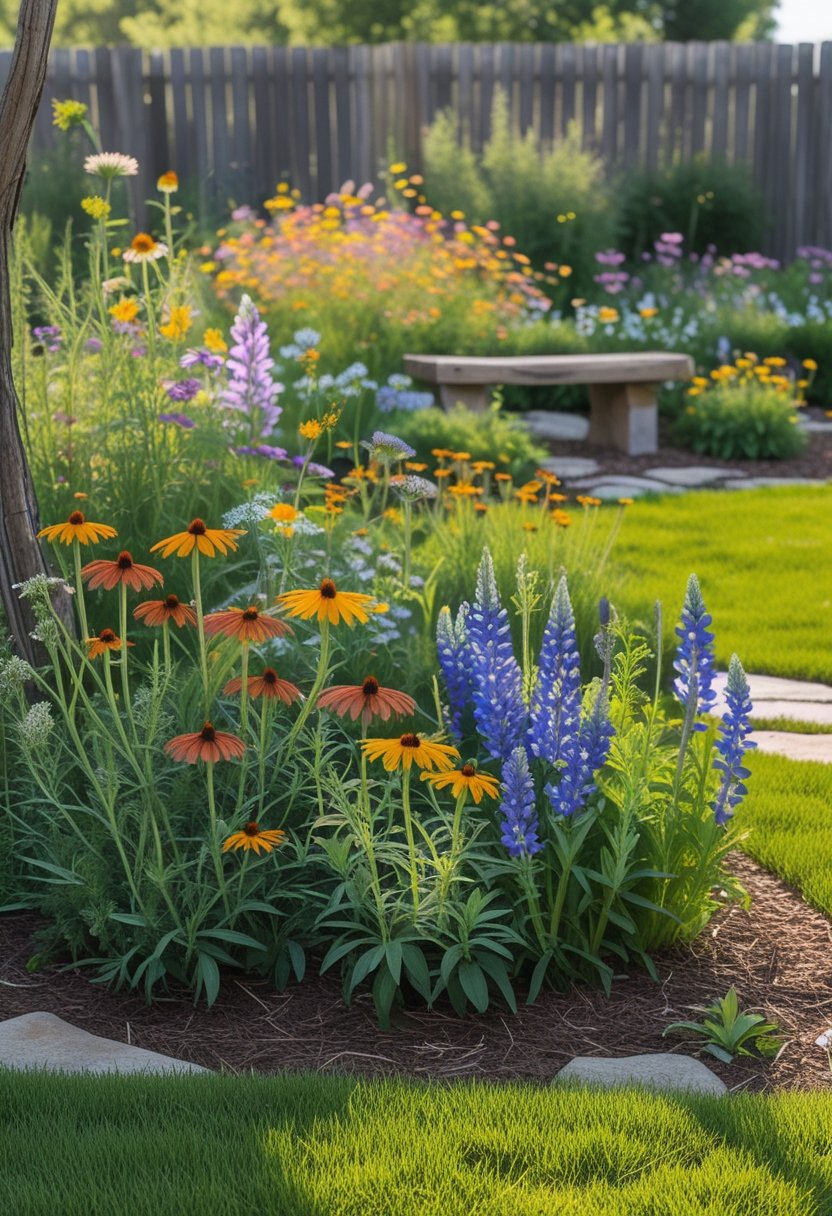 A backyard garden with colorful native wildflowers growing among green grass and rustic wooden elements under soft sunlight.