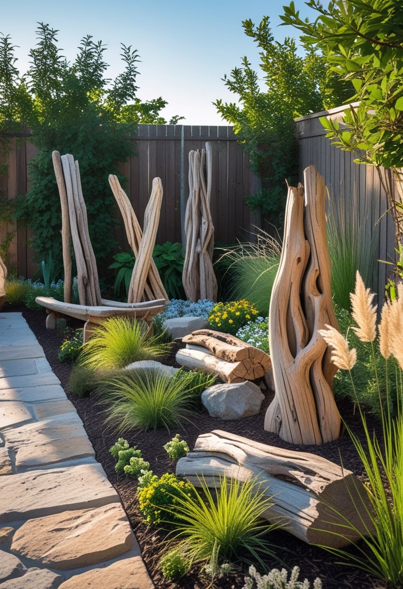 A backyard garden with several driftwood sculptures surrounded by plants, stone paths, and wooden benches.