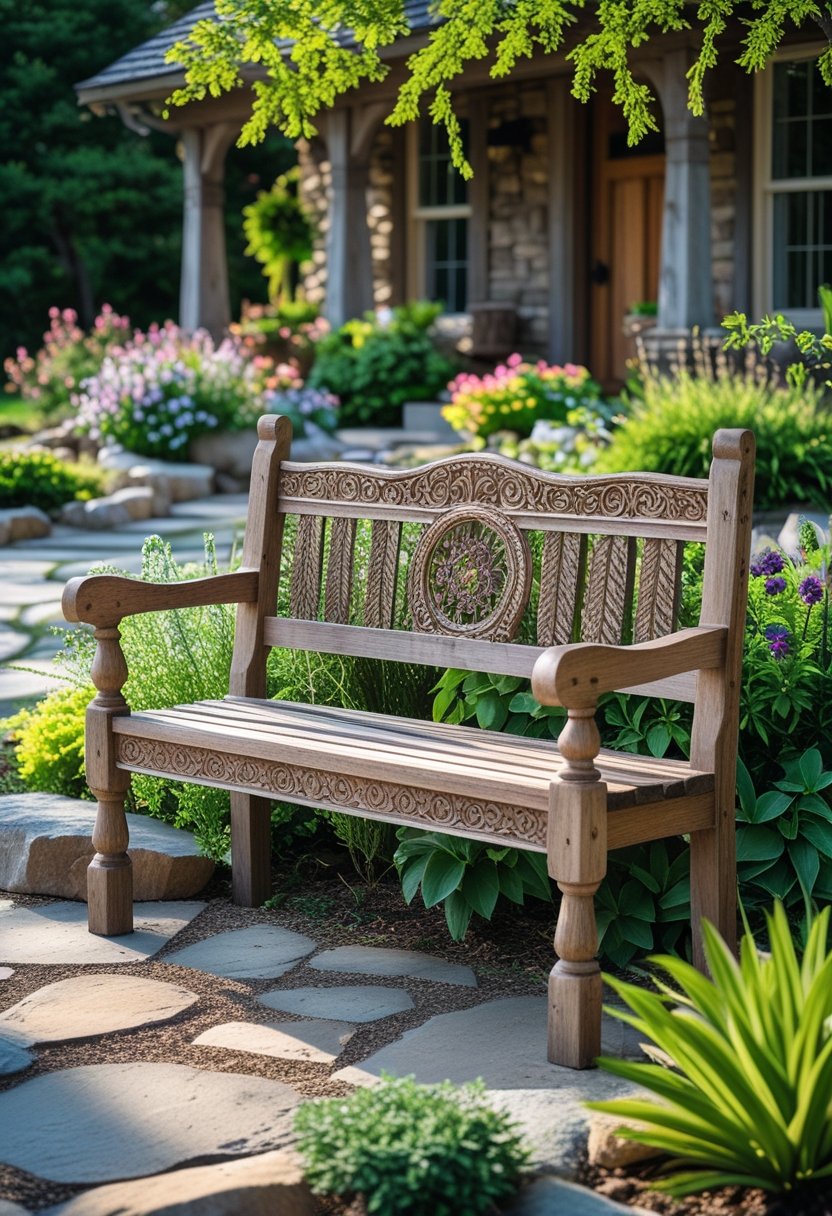 A wooden bench with carved details in a front yard surrounded by plants and stone pathways.