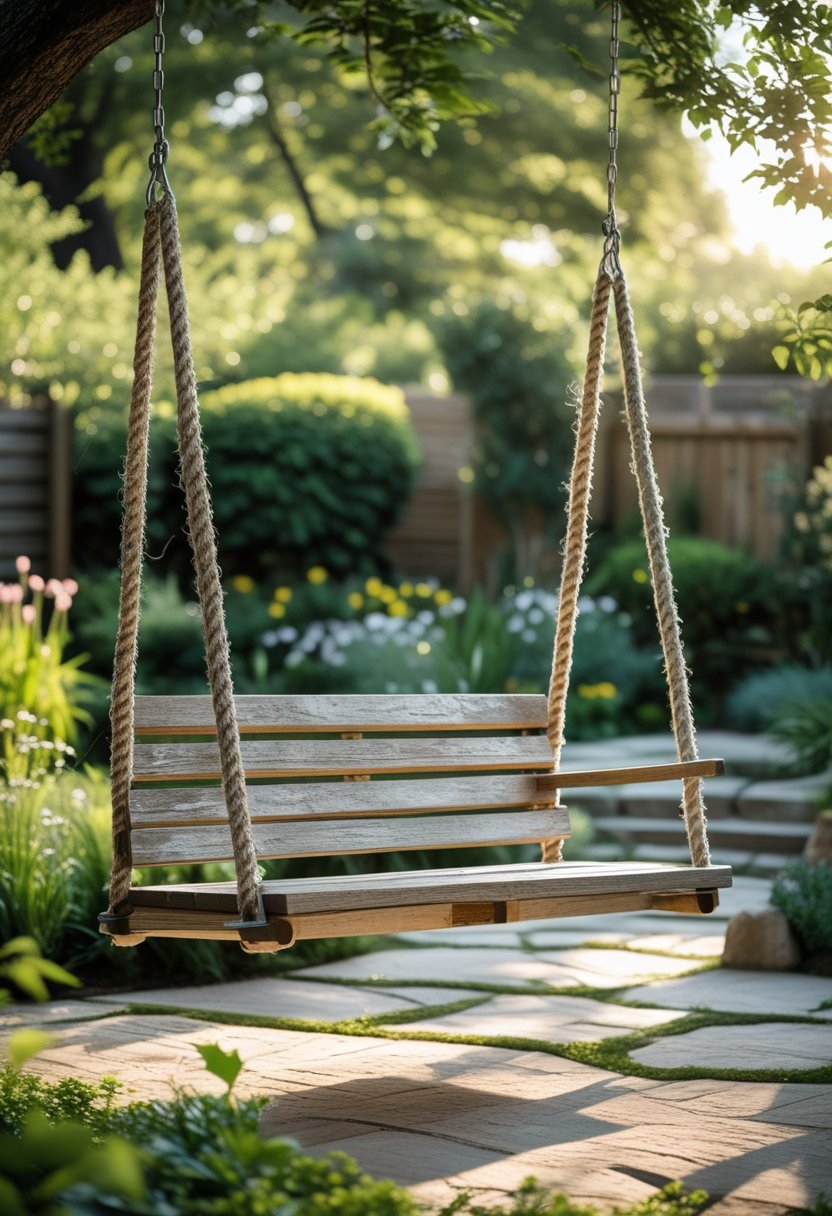 A wooden garden swing with thick ropes hanging in a green backyard surrounded by plants and trees.