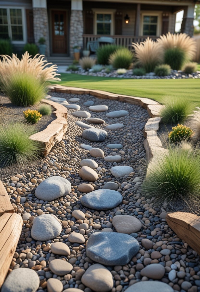 A dry creek bed filled with river rocks surrounded by plants and rustic landscaping in a front yard.