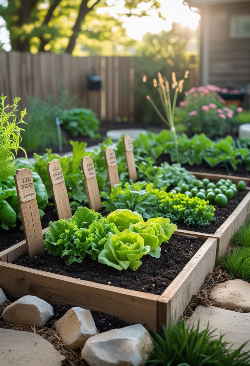 A small vegetable garden with wooden markers in a backyard surrounded by grass and plants.