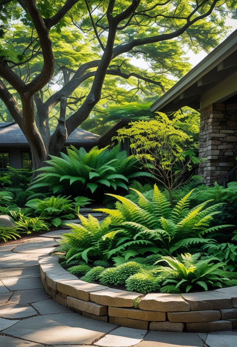 A front yard with green ferns growing under shade trees and rustic landscaping elements.