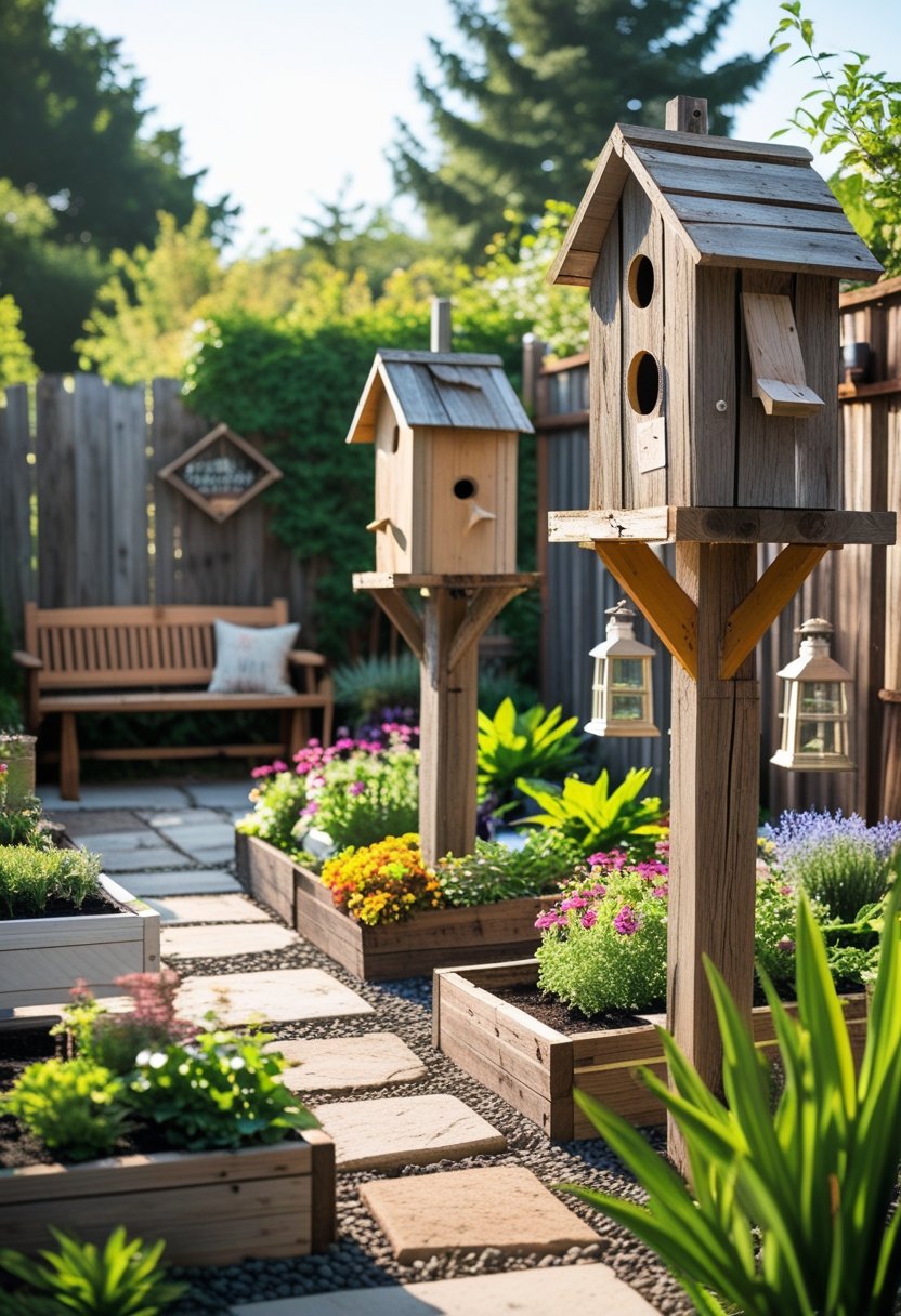 Backyard with multiple scrap wood birdhouses surrounded by greenery, flowers, and rustic garden elements.