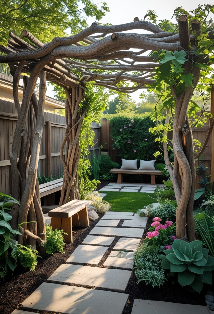 A backyard with a rustic trellis made from natural tree branches surrounded by plants and flowers.