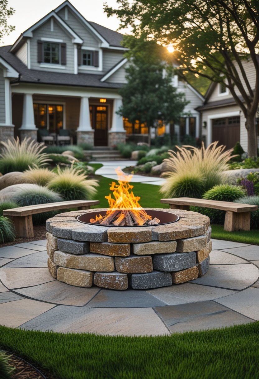 A front yard with a circular stacked stone fire pit surrounded by grass, shrubs, and seating areas in front of a house.