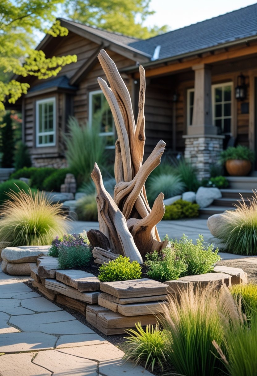 Front yard with a driftwood sculpture centerpiece surrounded by rustic landscaping elements including plants, stone pathways, and wooden planters.