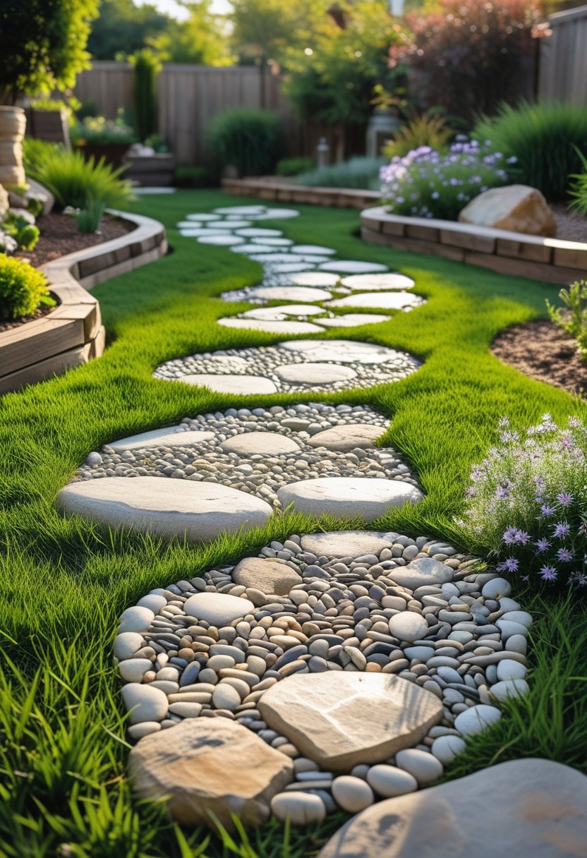 A backyard with a pebble mosaic stepping stone path surrounded by grass and plants.