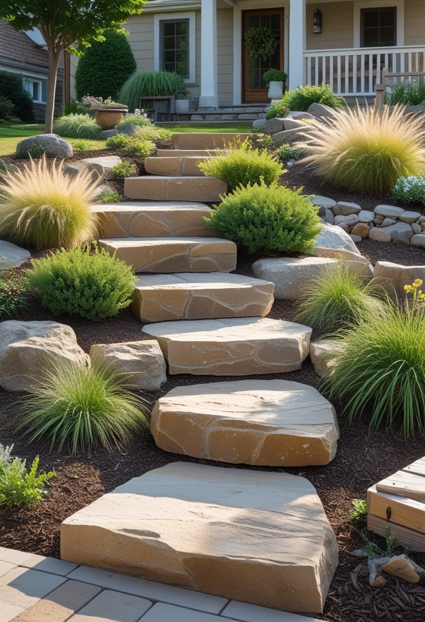 Natural stone steps surrounded by plants and shrubs leading up through a front yard garden.