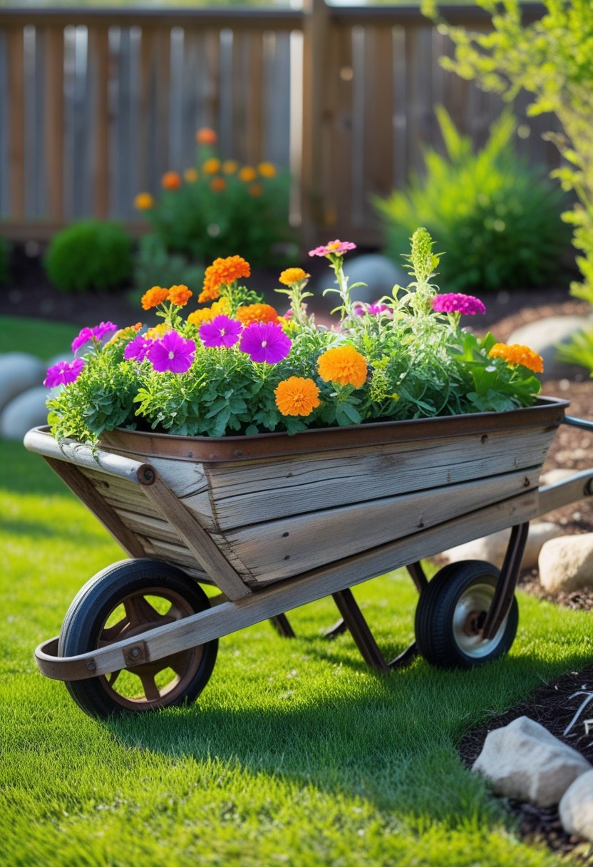 A vintage wooden wheelbarrow filled with colorful flowers placed in a backyard garden surrounded by grass and plants.