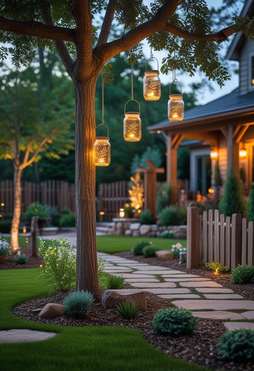 Front yard with hanging mason jar lanterns glowing among plants and stone pathways in the evening.