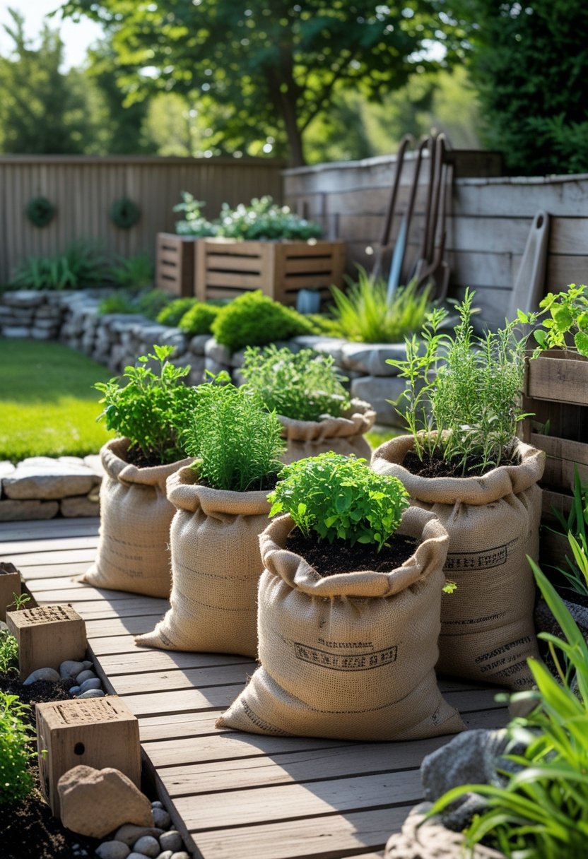 A backyard garden with burlap sacks used as plant containers filled with green plants and flowers, surrounded by wooden and stone landscaping elements.