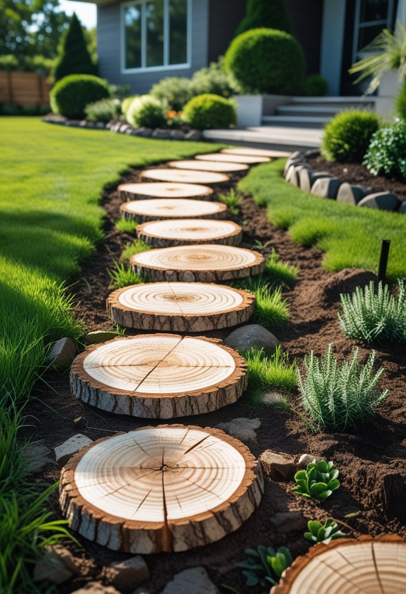 A front yard with wood slice stepping stones forming a pathway through green grass and plants.