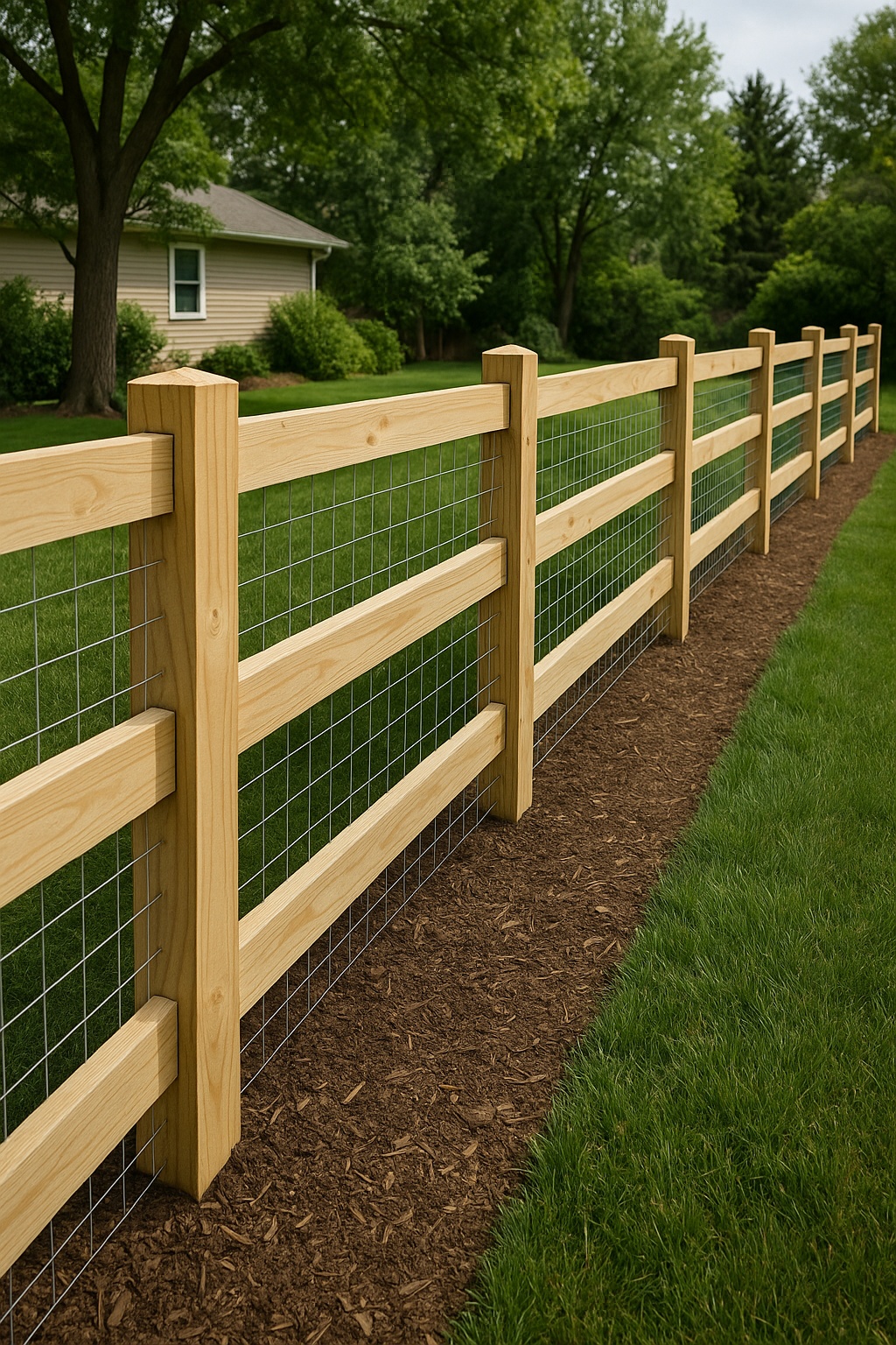 Split rail fence with wire mesh