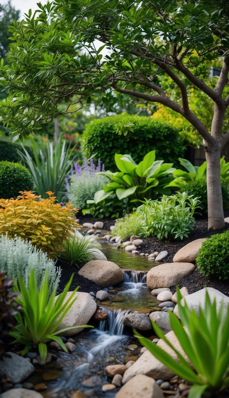 A serene garden with a small stream flowing under a lush tree, surrounded by carefully arranged plants and rocks