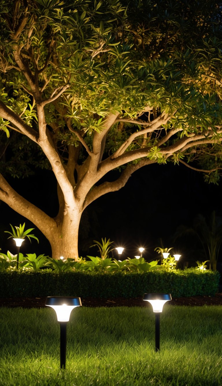 Solar lights illuminate a lush garden beneath a sprawling tree, creating a warm ambiance
