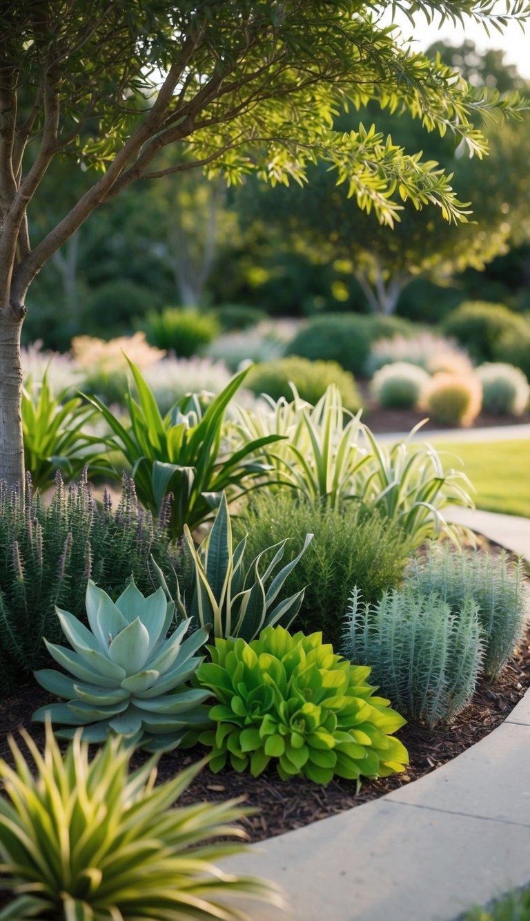 A variety of native plants arranged under a tree, creating a natural and low-maintenance landscape