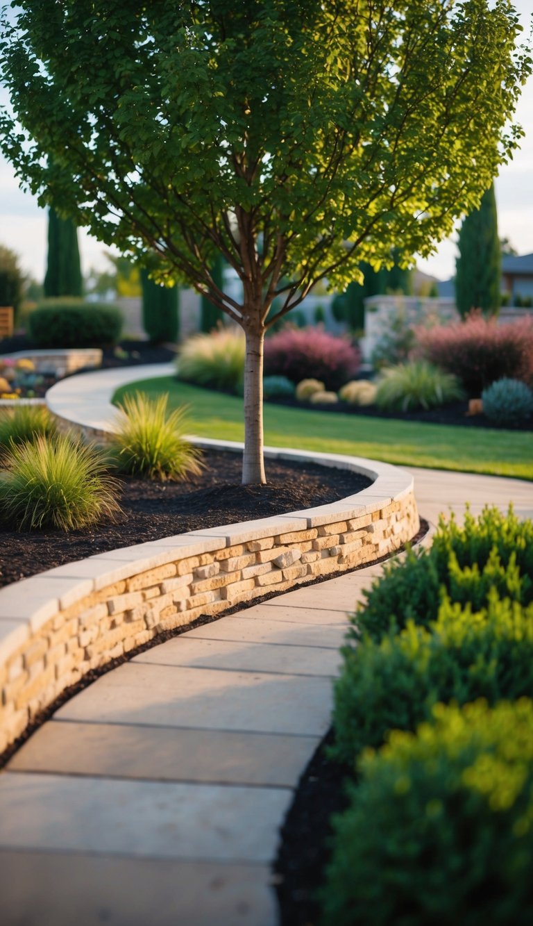 A small retaining wall curves around a tree, surrounded by various landscaping features