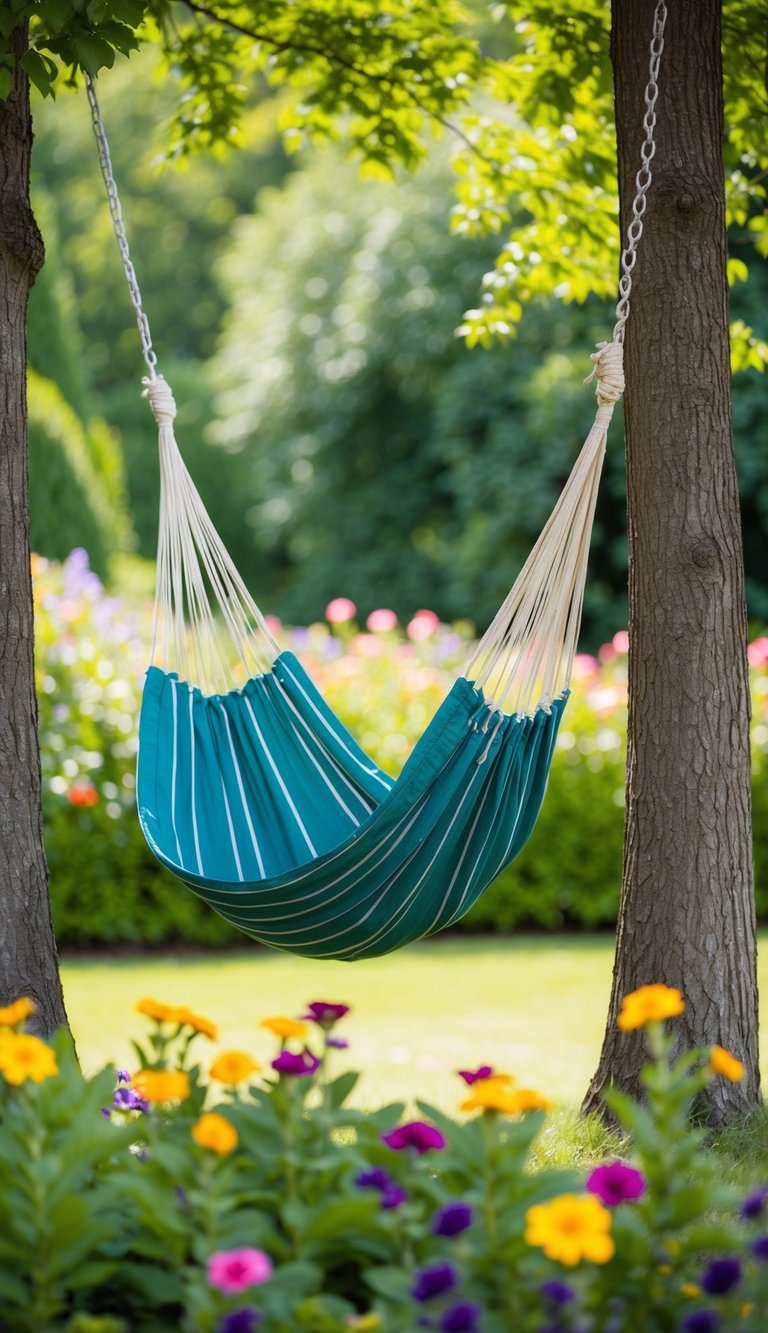 A hammock hangs between two trees in a serene garden setting, surrounded by lush greenery and colorful flowers