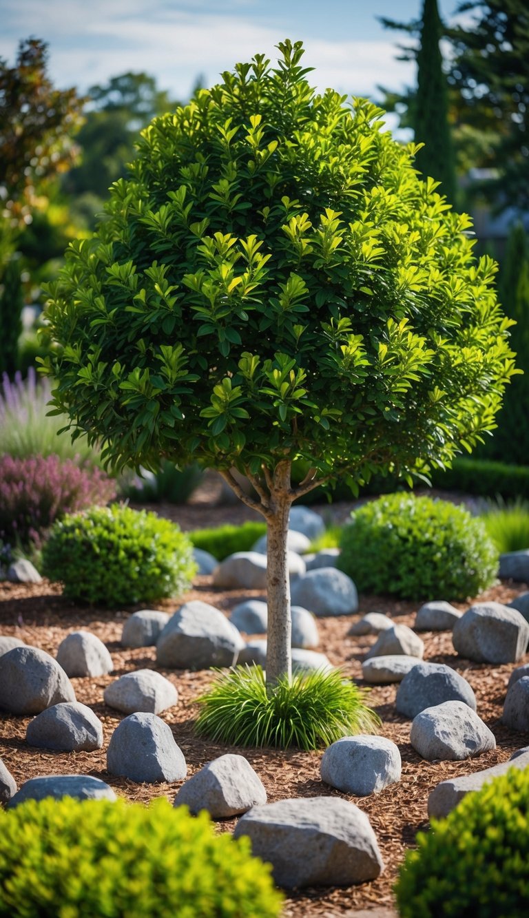 A lush tree surrounded by 21 decorative rocks in a landscaped garden