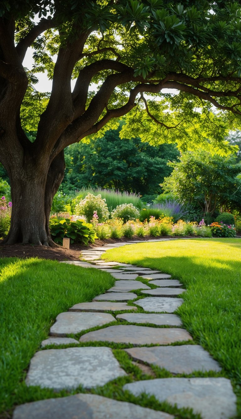 A winding stone path leads through a lush garden beneath the shade of a majestic tree, with vibrant flowers and greenery lining the way