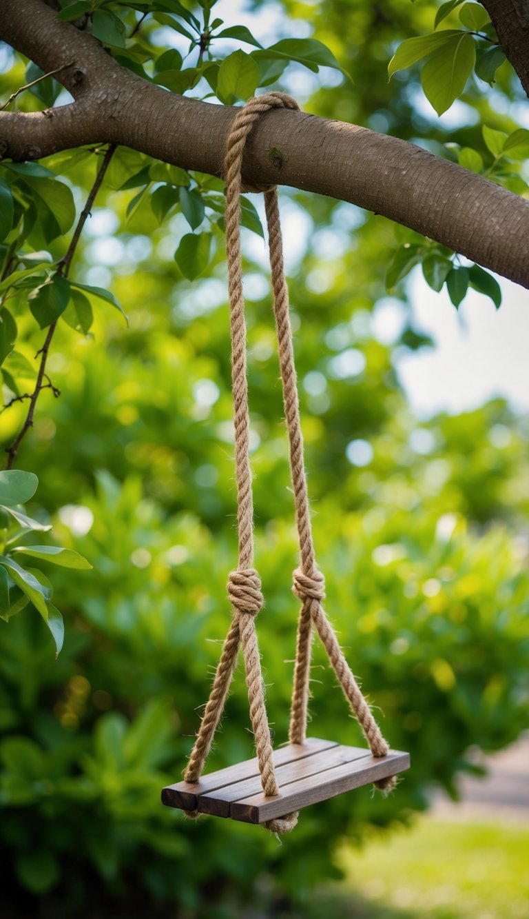 A sturdy tree branch holds a simple rope swing, swaying gently in the breeze amid lush green foliage