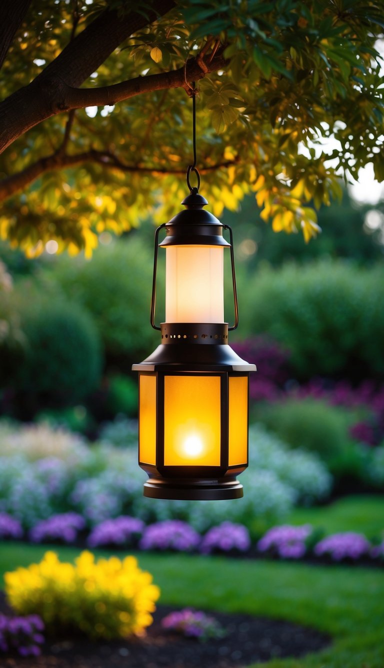 A lantern hangs from a tree, casting a warm glow on the landscaped garden below