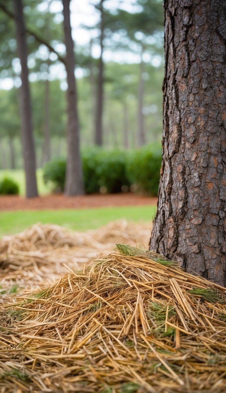 Pine straw scattered under a tree, creating a natural and rustic landscaping look