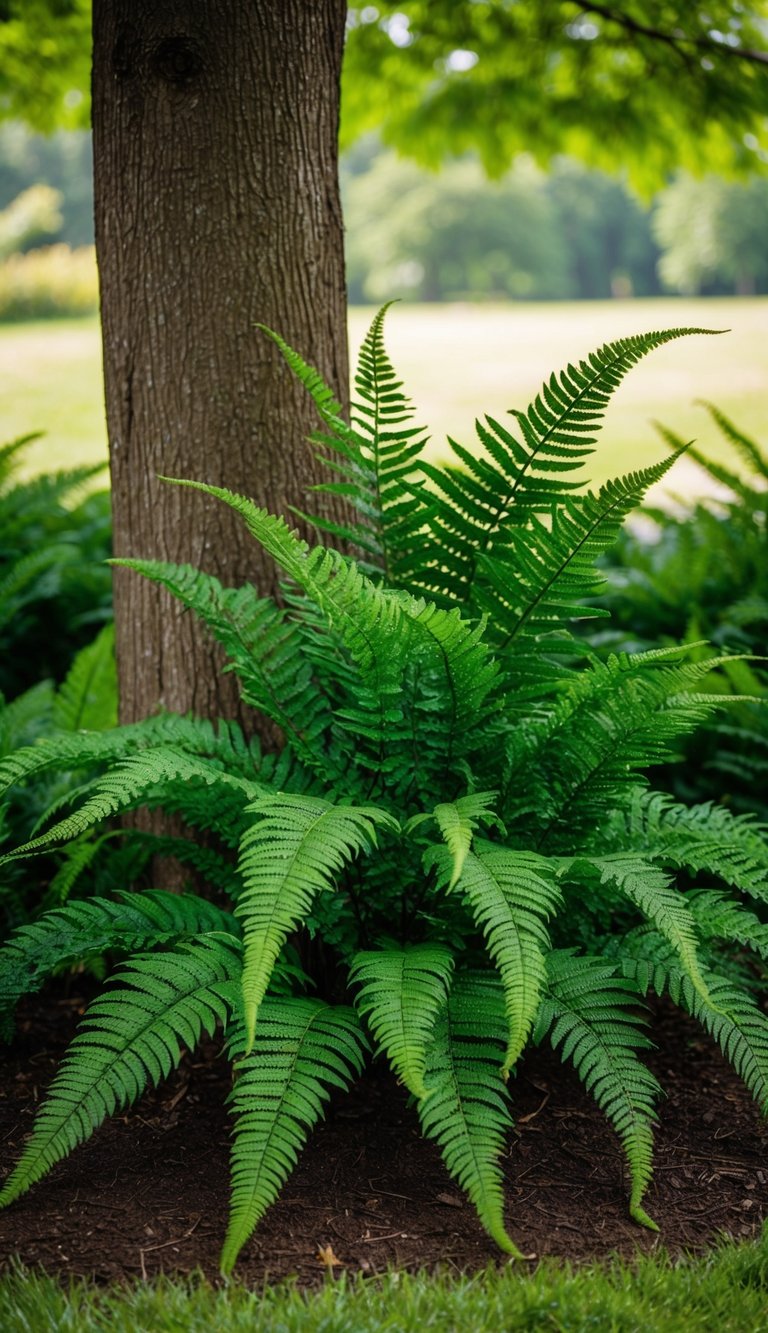 Lush ferns planted under a tree, creating a verdant landscape