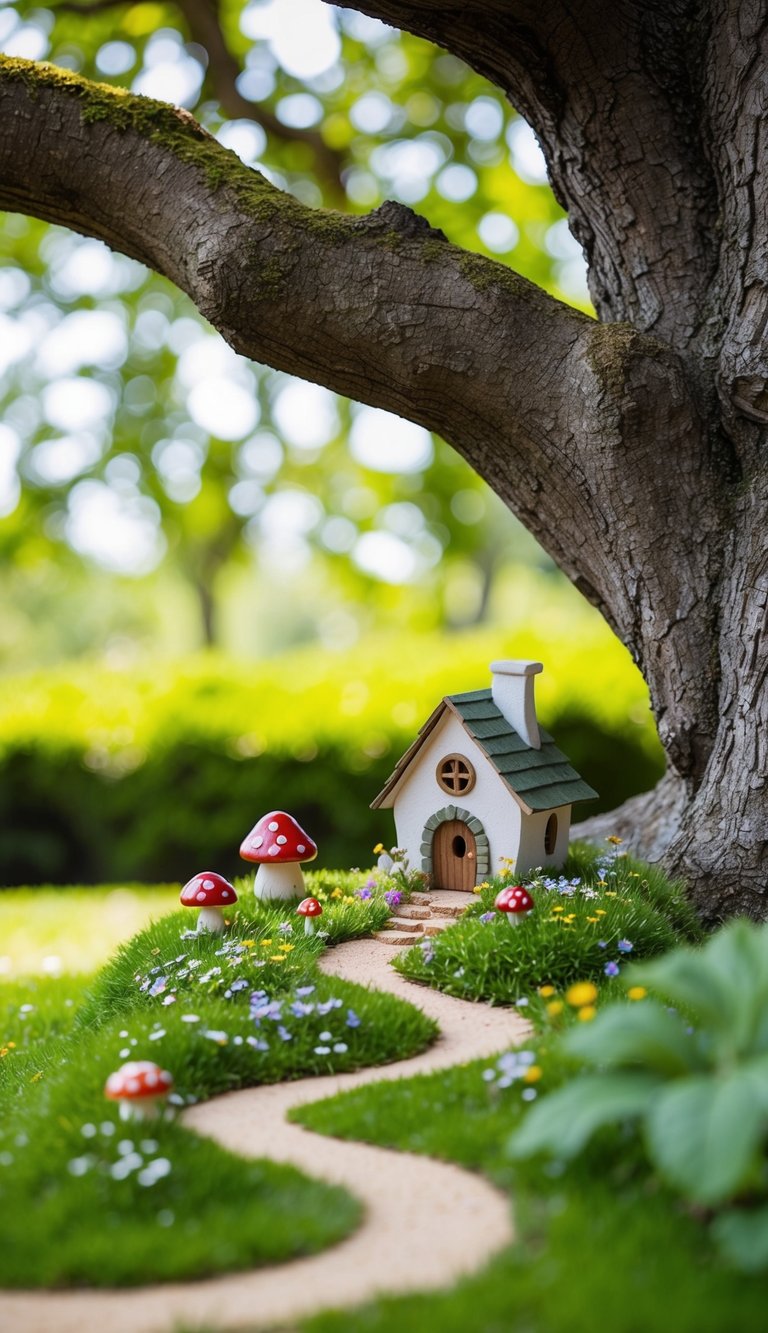 A small fairy garden nestled beneath a sprawling tree, with tiny flowers, toadstools, and a winding path leading to a miniature fairy house
