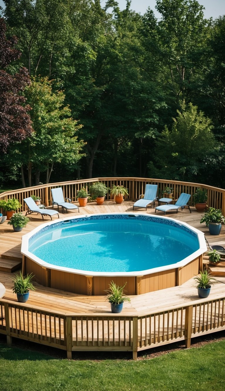 A wooden deck surrounds a circular above-ground pool, with lounge chairs and potted plants scattered around the perimeter