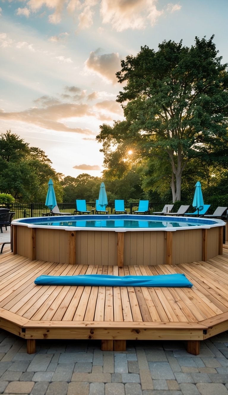 A wooden freestanding deck surrounds an above ground pool, with lounge chairs and umbrellas scattered around the perimeter