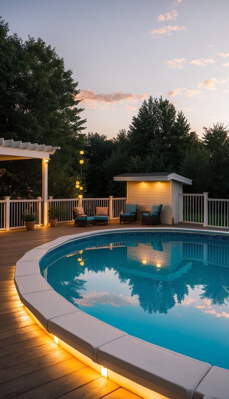 A pool deck with built-in lighting surrounds an above ground pool, creating a warm and inviting atmosphere for evening relaxation and entertainment