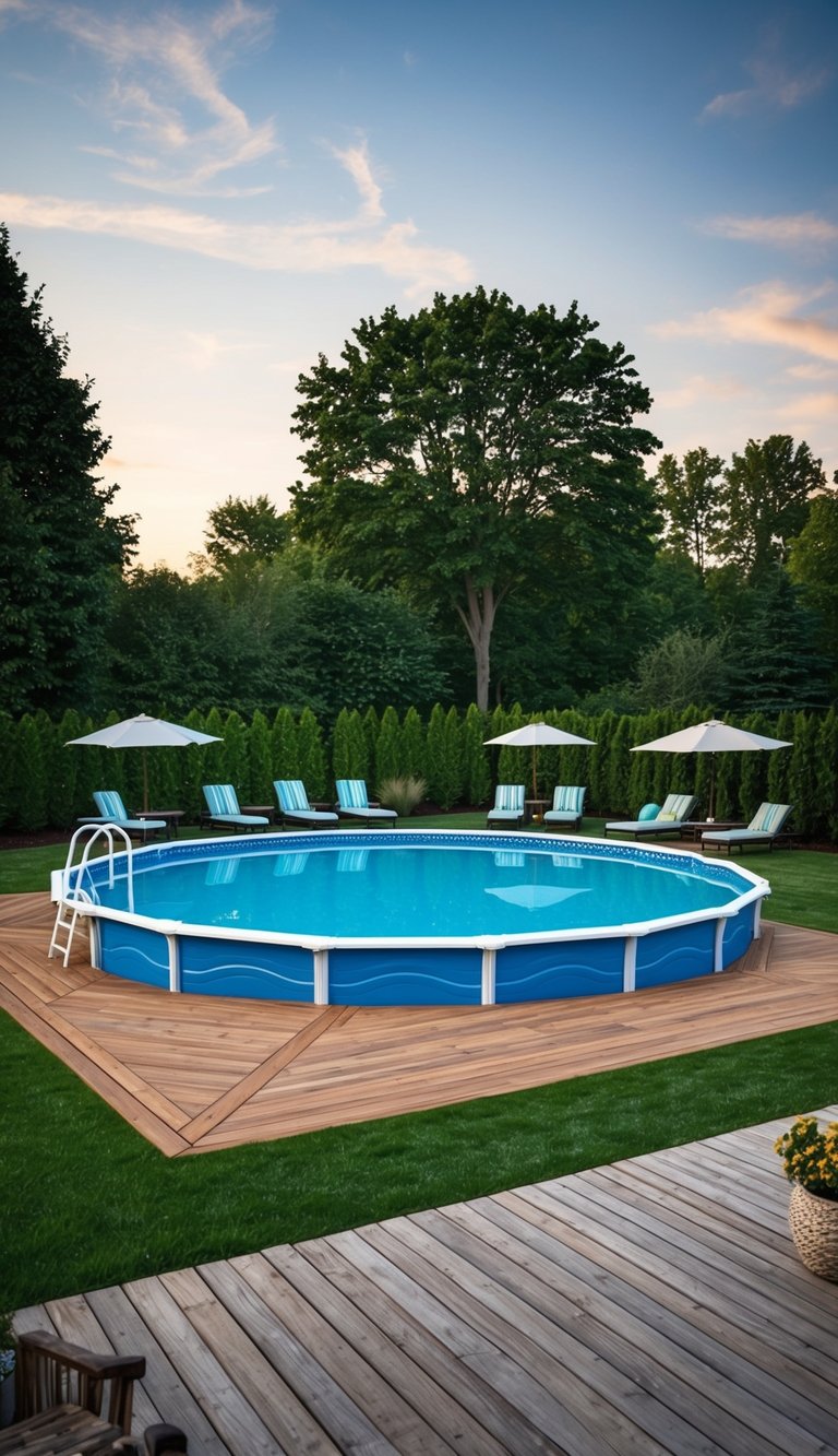 A spacious backyard with a 24-foot above ground pool surrounded by pressure-treated wood decking, with lounge chairs and umbrellas for relaxation