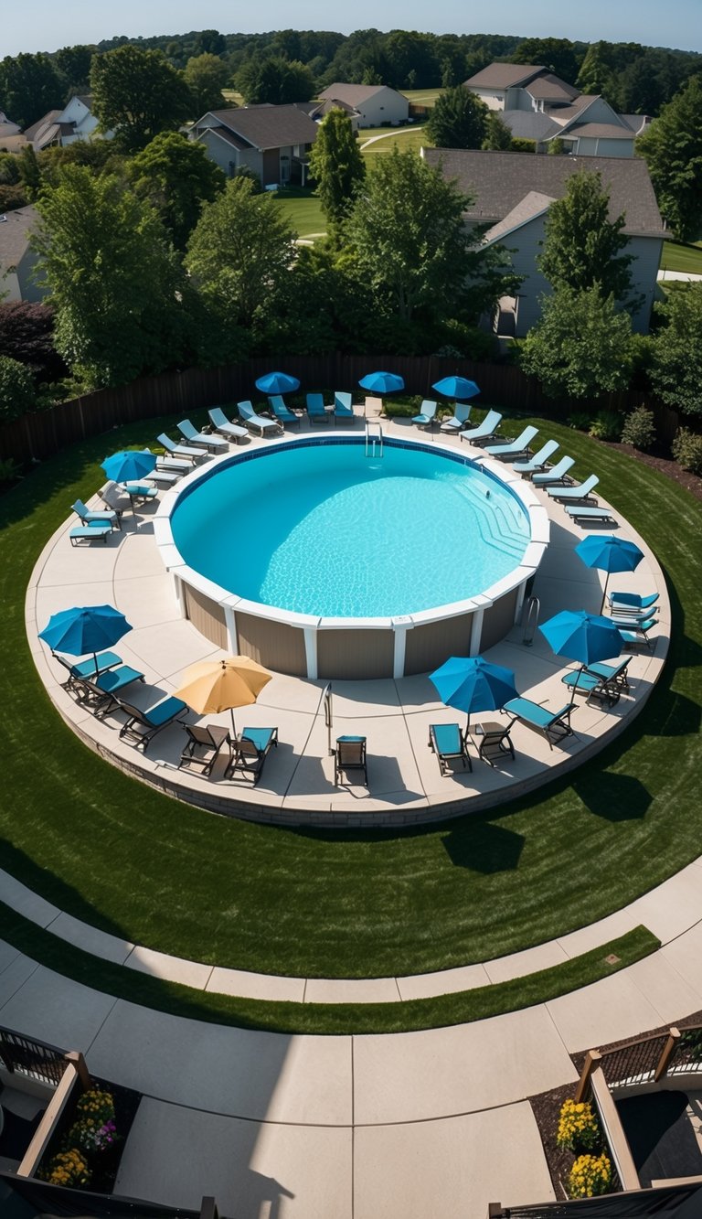 A circular pool deck surrounds an above ground pool, with lounge chairs and umbrellas scattered around the perimeter