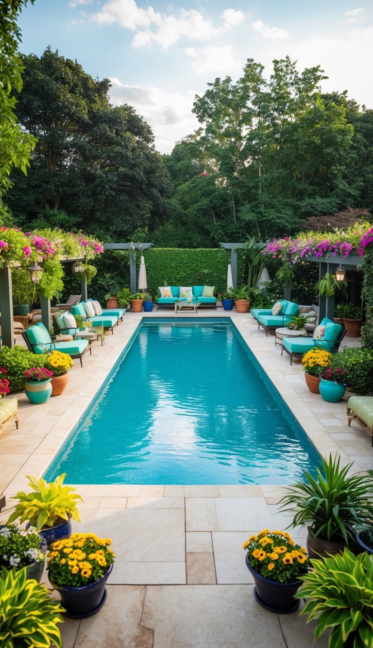 A vibrant pool deck surrounded by lush greenery and colorful flowers, with multiple seating areas and a variety of potted plants