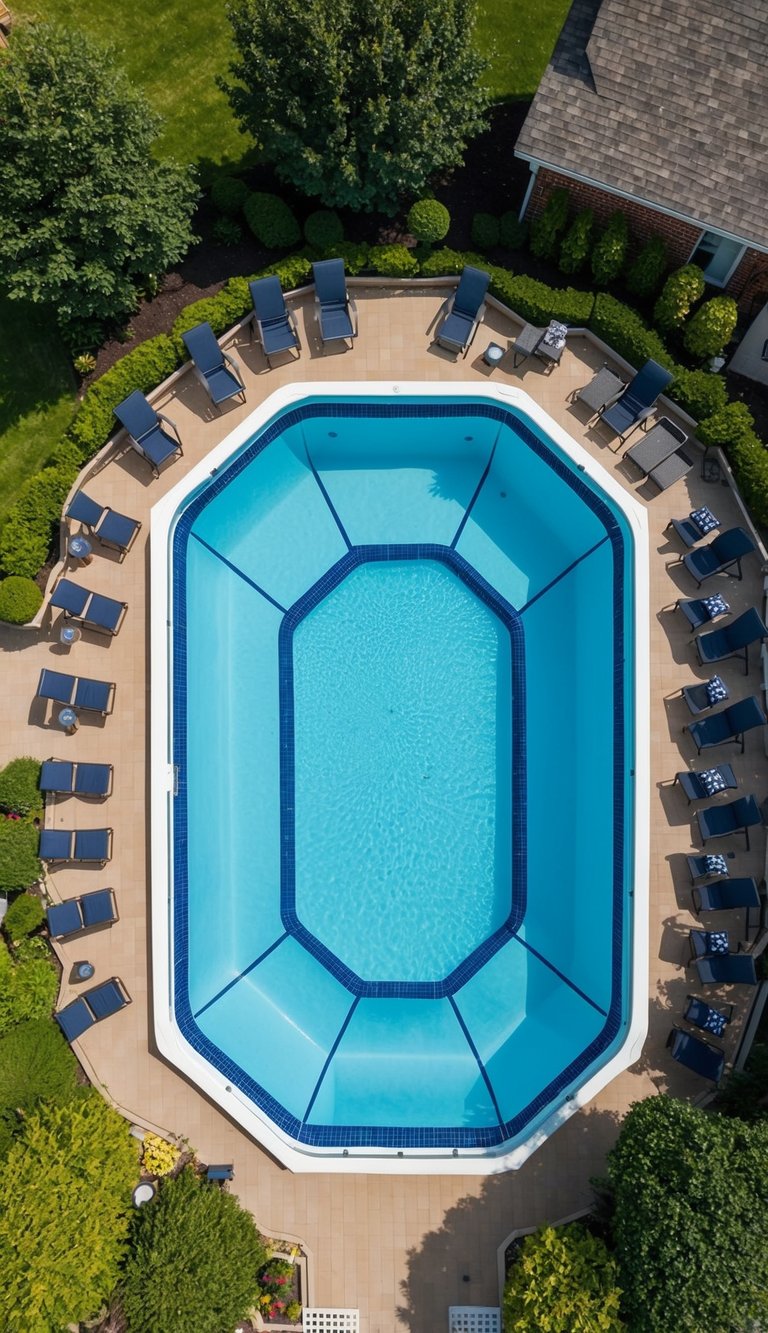 Aerial view of 24 above ground pool decks with maintenance-free surfaces, surrounded by lush landscaping and lounge chairs