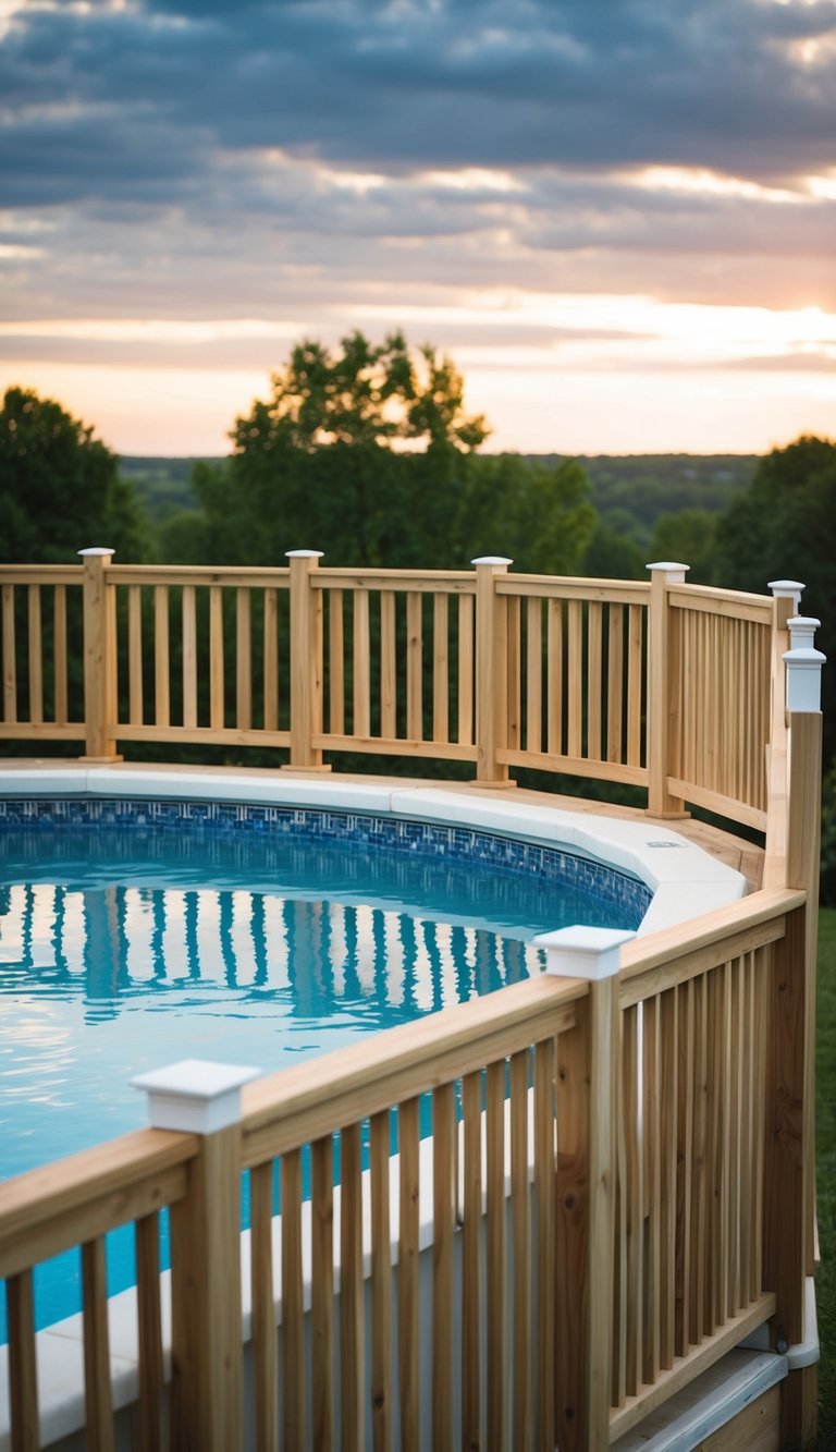 A wooden balustrade surrounds an above-ground pool, with 24 decks extending outwards