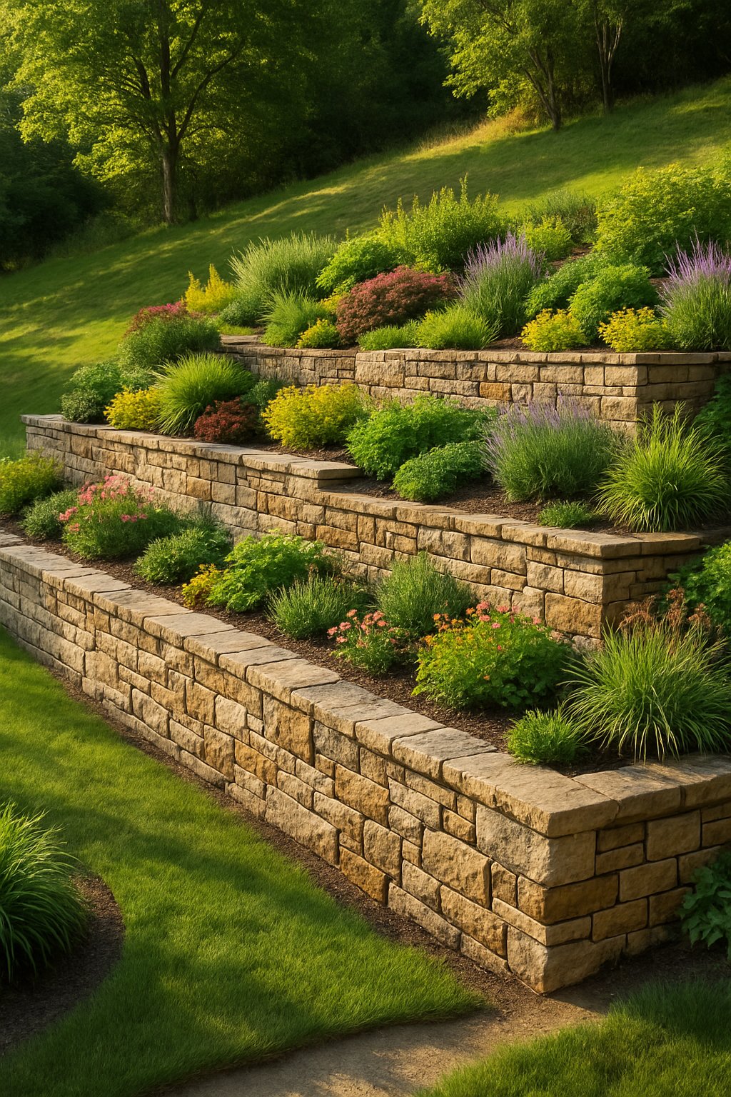 A backyard with tiered stone retaining walls creating flat planting terraces on a sloped hillside, filled with green plants and flowers.