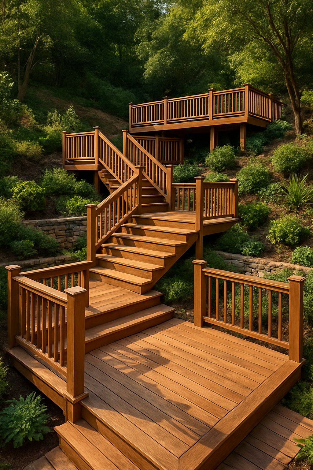 A multi-level wooden deck built into a sloped backyard surrounded by plants, stone retaining walls, and terraced garden beds.
