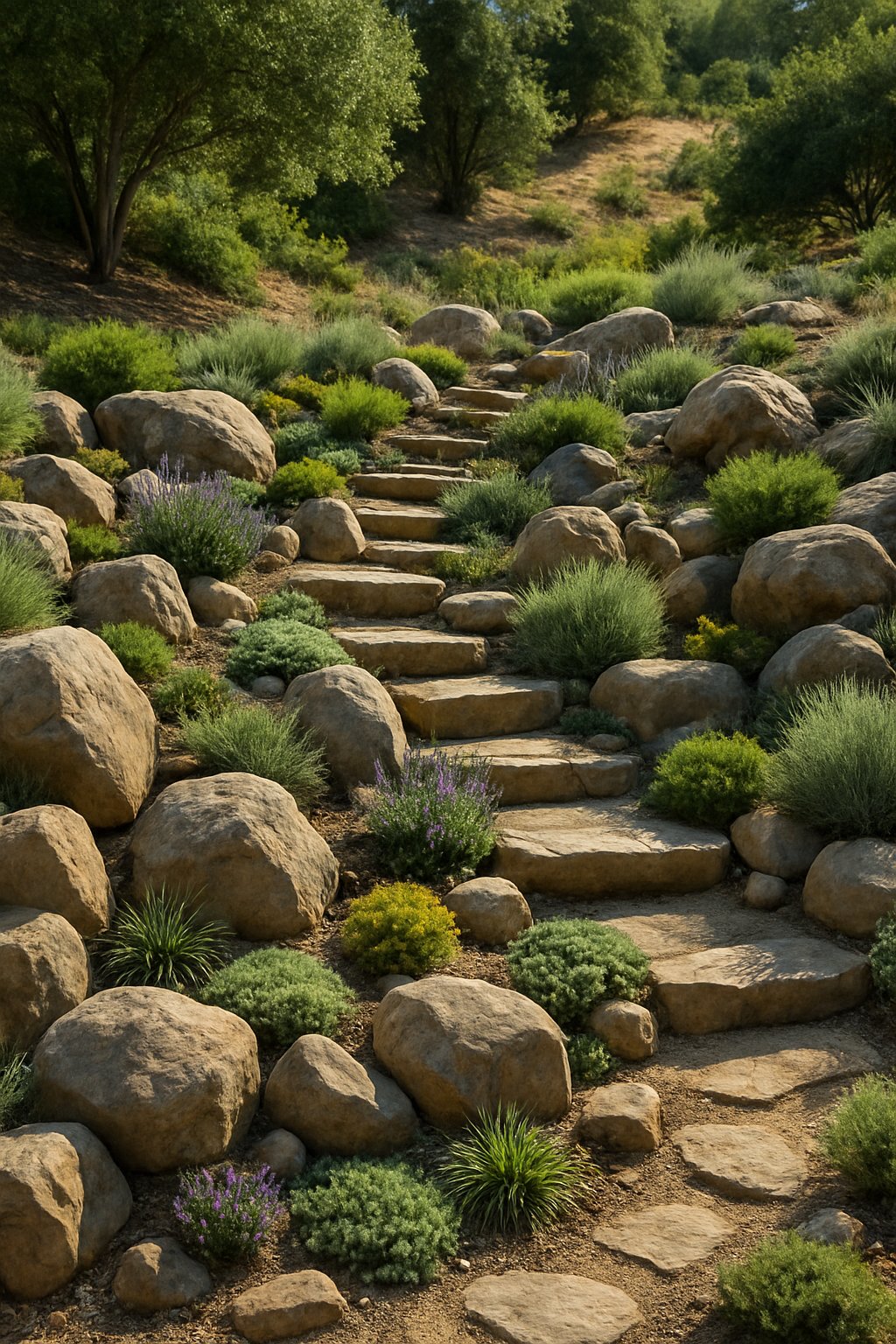 A sloped backyard rock garden with native stones, terraced steps, and native plants arranged naturally on a hillside.