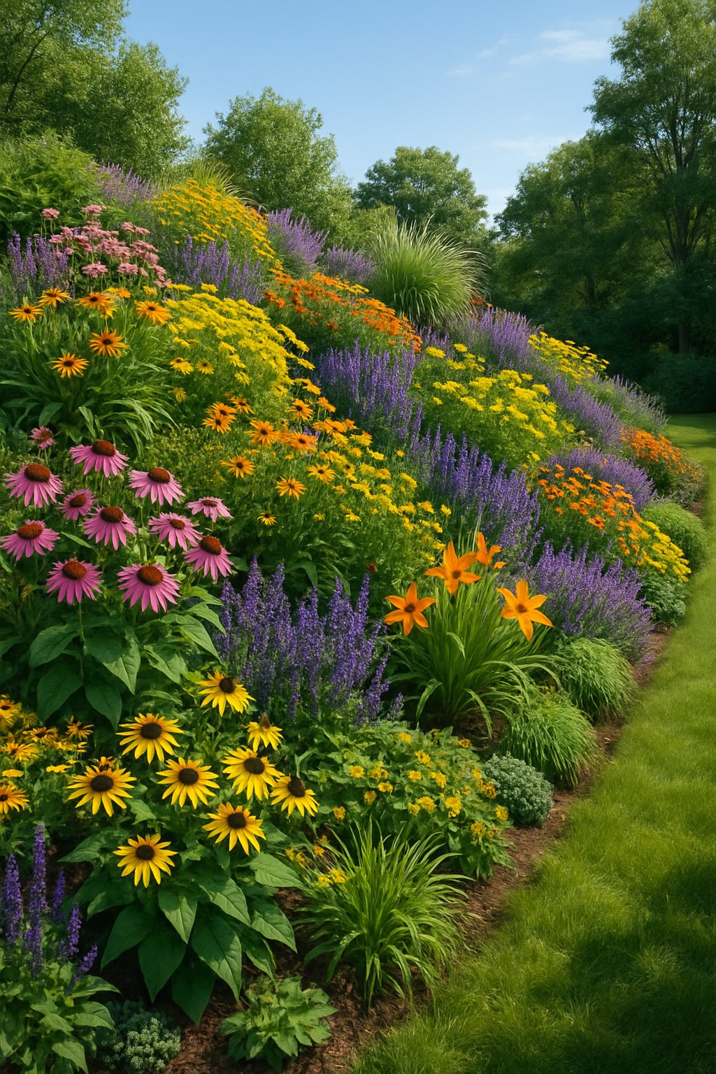 A backyard slope covered with colorful perennial flowers and green plants under a clear blue sky.